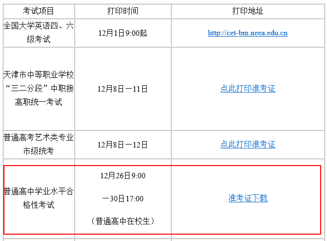 2021年12月天津武清高中学考合格性考试准考证打印入口